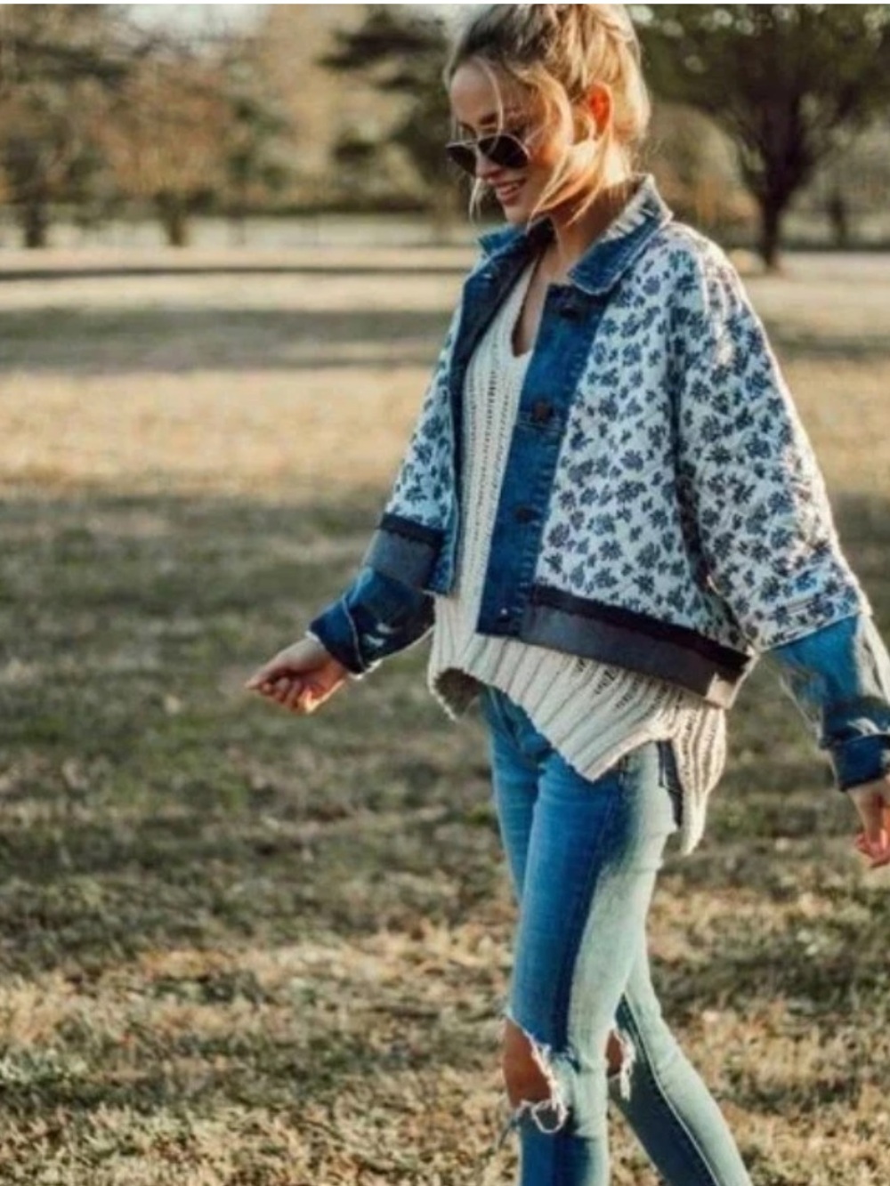 Floral Pattern Denim Bomber Jacket in Blue and White